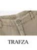 TRAFZA 2024 Mode Vrouwen Lente Zomer Solid Casual Lange Vintage Rechte Linnen Feamle Achterzakken Broek Mujer