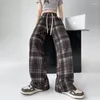 Calças femininas vintage xadrez perna larga 2024 primavera outono cintura alta solta calças retas harajuku senhoras casual sweatpants