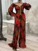 Casual Jurken 2024 V-hals Sexy Split Maxi-jurk Lente Herfst Loungewear Fashion Party Lange Mouwen Plooien Afdrukken Dames Vakantie