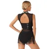 Stage Wear Women Sequins Diamond Latin Jazz Dance Costume Sleeveless Cutout Back Flowy Tassel Dress Leotard Tango Cha-Cha Samba Dancewear