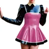 Lässige Kleider Wetlook Glänzendes PVC Patchwork Sexy Revershals Puffärmel A-Linie Kleid Faux Latex Langes Mini High Street Party Club