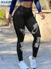 Femmes Faux Jeans sans couture bout à bout levage Leggings pantalons longs casual taille haute maigre solide Yoga élastique crayon serré 240201