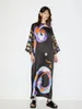 Casual Dresses Cartoon Printed Split Maxi Dress Women O-Neck Loose Long Sleeve 2024 Summer Holiday Beach Colorful Robes