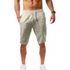 Herrshorts 2024 Summer Linen Solid Color DrawString Five-Point Casual Beach Short Pants