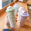 Water Bottles 550ml Cartoon Cute Rainbow Cup With Straw Double Plastic BPA Free Woman Girl Bottle For Juice Milk Coffee Drinking Tumbler