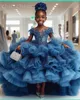 2024 Blue Lace Sheer Neck Flower Dresses Ball Gown Tulle Tiers Luxurious Little Girl Christmas Peageant Birthday Christening Tutu Dress Gowns Zj428 407