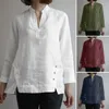 女性のブラウス女性スプリングトップビンテージボタン装飾スタンドカラーTシャツ不規則なスプリットヘムソフトカジュアルレディ