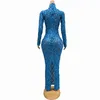 Stage Wear Blue Mesh Sequins Big Stones Long Sleeves Birthday Dress Evening Celebrate Outfit Stretch Transparent Dresses