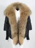 Natural real raposa gola de pele de guaxinim jaqueta de inverno feminino grosso quente pato para baixo casaco de malha manga outwear streetwear 240124