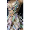 Basic Casual Dresses Fashion Pearls Rhinestone Nude Party Evening Bodycon Dress Women Singer Sleeveless Feather Club Prom Birthday Dh16Z