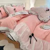 Set biancheria da letto principessa coreana Copriletto in cotone lavato Copripiumino per ragazza Cuore in puro colore Copriletto piatto Decor Tessili per la casa 240202