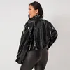 Jaqueta de couro patenteada com zíper para mulheres manga comprida casual pu gola virada para baixo casacos curtos outwear jaqueta de motocicleta plus size 240130