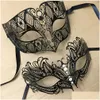 Party Masks Luxury Sier Men Women Lovers Par Venetian Black Metal Laser Cut Xmas Costume Shows Wedding Masquerade Mask Set Drop D DHTLB