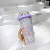 Water Bottles 550ml Cartoon Cute Rainbow Cup With Straw Double Plastic BPA Free Woman Girl Bottle For Juice Milk Coffee Drinking Tumbler