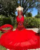 Rode Sparkly Afrikaanse Avondceremonie Jurken Voor Vrouwen Luxe Diamond Crystal Feather Backless Prom Gown Abendkleider 2024