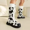Boots Faux Fur Patchwork PU Zebra Patterned Winter Knee High With Flat Heels Thick Soles For Warm Lining Cow Pattern
