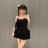 Faldas lolita falda gótica con pantalones cortos mujeres japonés kawaii negro cintura alta volante patchwork lindo sexy mini streetwear