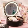 Cosmetic Bags Round Case With Mirror LED Light Women Ladies Wash Bag Waterproof Large Capacity PU Leather Fashion Makeup Storage Box