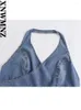 Tanks pour femmes Xnwmnz Mode 2024 Denim Surplis Top Vacances Style Halter Cou Open Back Tie Femme