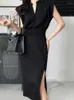 Casual Dresses Korean Fashion Elegant Slim V-hals MIDI For Women Party Prom Folds ärmlös Chiffon Bodycon Dress Summer 2024