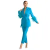 Women's Two Piece Pants Feather Fur Elegant Women 2 Set Solid Notched Neck Blazer Zipper Fly Matching 2024 Fall Winter Office Lady Wear