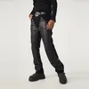 Jeans masculinos hip-hop nacional maré nicho design preto pu couro costura reta marca calças y2k roupas homens r69