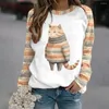 여자 T 셔츠 면화 긴 소매 티셔츠 여자 재미있는 카와이 고양이 동물 인쇄 스웨트 셔츠 여자 귀여운 o-neck 풀오버 여자