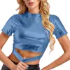 Kvinnors T -skjortor Solid Color Reflective Shiny Metallic Round Neck Short Sleeve Crop Top Shirt