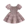 Focusnorm – robe de princesse à manches courtes, épaules dénudées, à volants, couleur unie, doublée A, taille haute, pour enfants de 1 à 5 ans