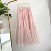 التنانير 2024 الصيف Tutu tulle Skirt خمر Midi مطوي الشبكة الناعمة للسيدات لوليتا وصيفات الزفاف Faldas Mujer Saias Jupe