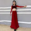 Stage Wear Girls Ballroom Dance Clothes Latin Tops Red Wide-Leg High Waist Pants Loose Practice Clothing Belly Costume DNV19491