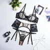 Bras Sets 3 Pieces Set Women Erotic Sensual Lingerie Underwear Transparent Embroidery Bra And Panty With Grater Straps