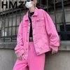 HMZ Trendy Y2K Male Pink Color Set Jeans Suit Solid Lapel Denim Jacket Coat Wide Leg Straight Men Casual Tops Pants 240131