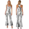 Stage Wear Womens Metallic Shiny Sleeveless Racer Back Tank Top With Elastic Waistband Flare Pants 70's Theme Party Disco Dance Clubwear