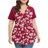 Kadın Tişörtleri Kadınlar Büyük Boy Bluz Dantel Dikiş Tüy Basılı T-Shirt Kısa Kol V Boyun Gevşek Üst Tunik Elastik Bel Bluz