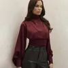 Women's Blouses Women 2024 Chic Wine Red Party Blouse High Collar Long Puff Sleeve Backless Pleated Elegant Crop Tops Lady Shirt