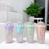 Water Bottles 550ml Cartoon Cute Rainbow Cup With Straw Double Plastic BPA Free Woman Girl Bottle For Juice Milk Coffee Drinking Tumbler