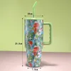 Par 40oz Fashion Flower Design Coffee Cup Luxury Rostfritt stål Bilmugg med handtag med halm Thermos Tumbler Water Cup 240124