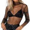 Women's T Shirts Glitter Sequin Long Sleeve T-shirts Women Lace Polka Dot See Through Spicy Girls Turtleneck Neck Sexy Slim Fit Tops