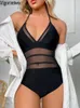 Women's Swimwear Vigoashely 2024 Sexy Black Tied Halter Women Mesh Patchwork Push UP One Piece Swimsuit Monokini Backless Bathing Suit