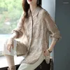 Women's Blouses High-end Chiffon Dark Flower Printing Long Sleeve Western Style Women Shirts Turn-down Collar Hollow Out Covered Button