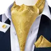 Dibangu Jacquard Cravat 3pcセットイエローペイズリー織りアスコットタイカフリンクスポケットスクエアメンズファッションカジュアルスカーフアクセサリー240124