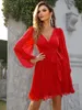 Party Dresses Yissang Surplice Neck Lantern Sleeve Belted Pleated Dress