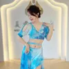 Stage Wear Women Belly Dance Costume Tie-dye Mesh Practice Clothes Set 3-piece Performance Top Skirt Dancing Professional