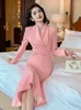 Casual Dresses Women's Elegant Style Professional Dress Celebrity Sweet Pink Double Breasted Ruffles Long Robe Party Business Vestidos Mujer