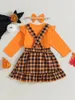 Ensembles de vêtements Halloween robe tenue bébé fille citrouille à volants à manches longues barboteuse haut jarretelle jupe bandeau automne vêtements ensemble