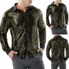 Men's Casual Shirts Shiny Sequins Single Breasted Long Sleeve Lapel Collar Stage Dance Retro 70s Disco Bling Shirt Man Tops