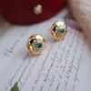 Stud Earrings Light Luxury Vintage Court Style Fine Carved Flower Earings Green Zircon Ancient Gold Crafts For Women Jewelry