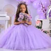 Flower Stylish Purple Girl Wedding Sheer Neck Birthday Party Dresses For Little Girls Hand Made Flowers Tiered Tulle Pearls Decorate Bridal Gowns NF S