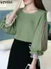 Kvinnors blusar 2024 Autumn Blus Women Long Puff Sleeve See Through Tops Vonda Vintage Solid Color Shirts Femininas Baggy